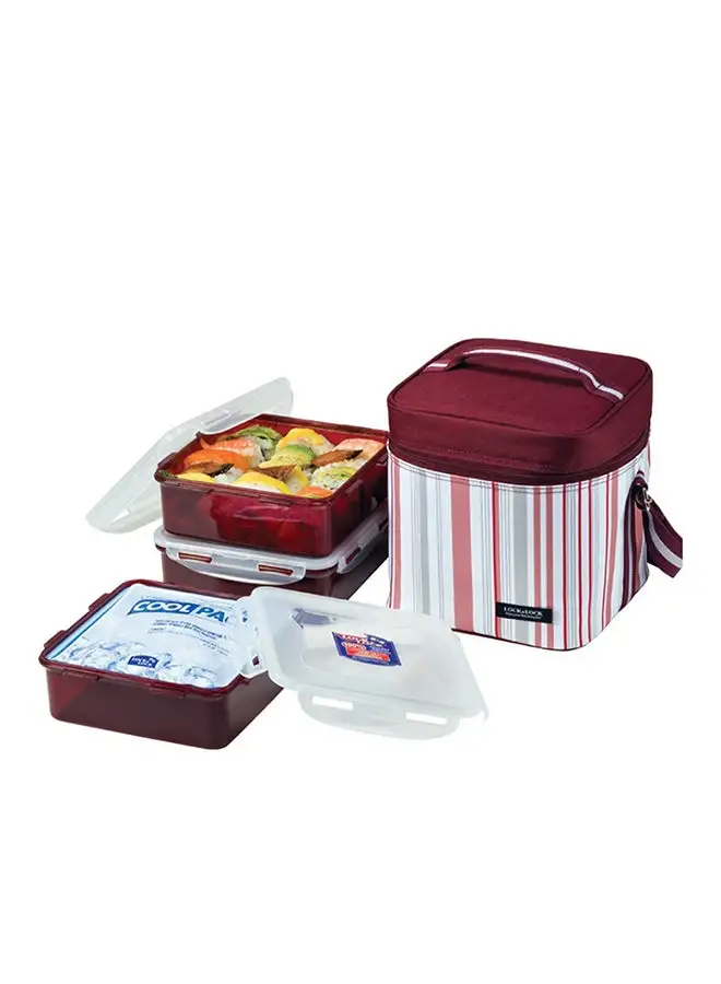 LocknLock Lock & Lock Lunch Box (1.2L Container x3 + 180g Cool Ice Pack + Bag) Red/Clear/Grey