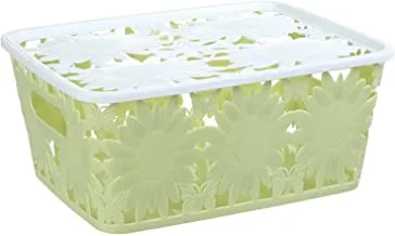 Flower-Design Rectangle Plastic Basket with Grip Handles and Cover - Green White