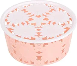 Flower-design round plastic basket with cover - light pink white