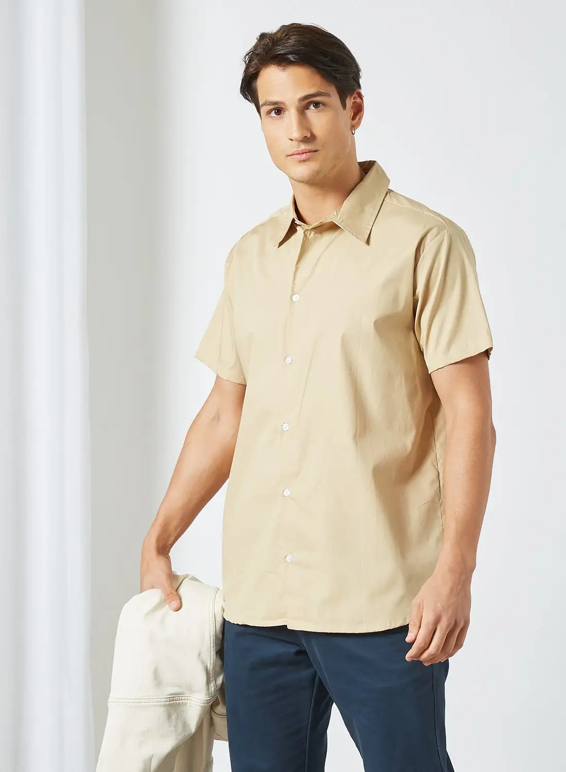 STATE 8 Plain Poplin Short Sleeve Shirt Beige