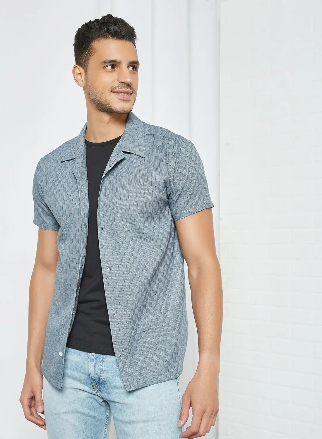 قميص Sivvi x D'Atelier بأكمام قصيرة Dobby Check رمادي فاتح