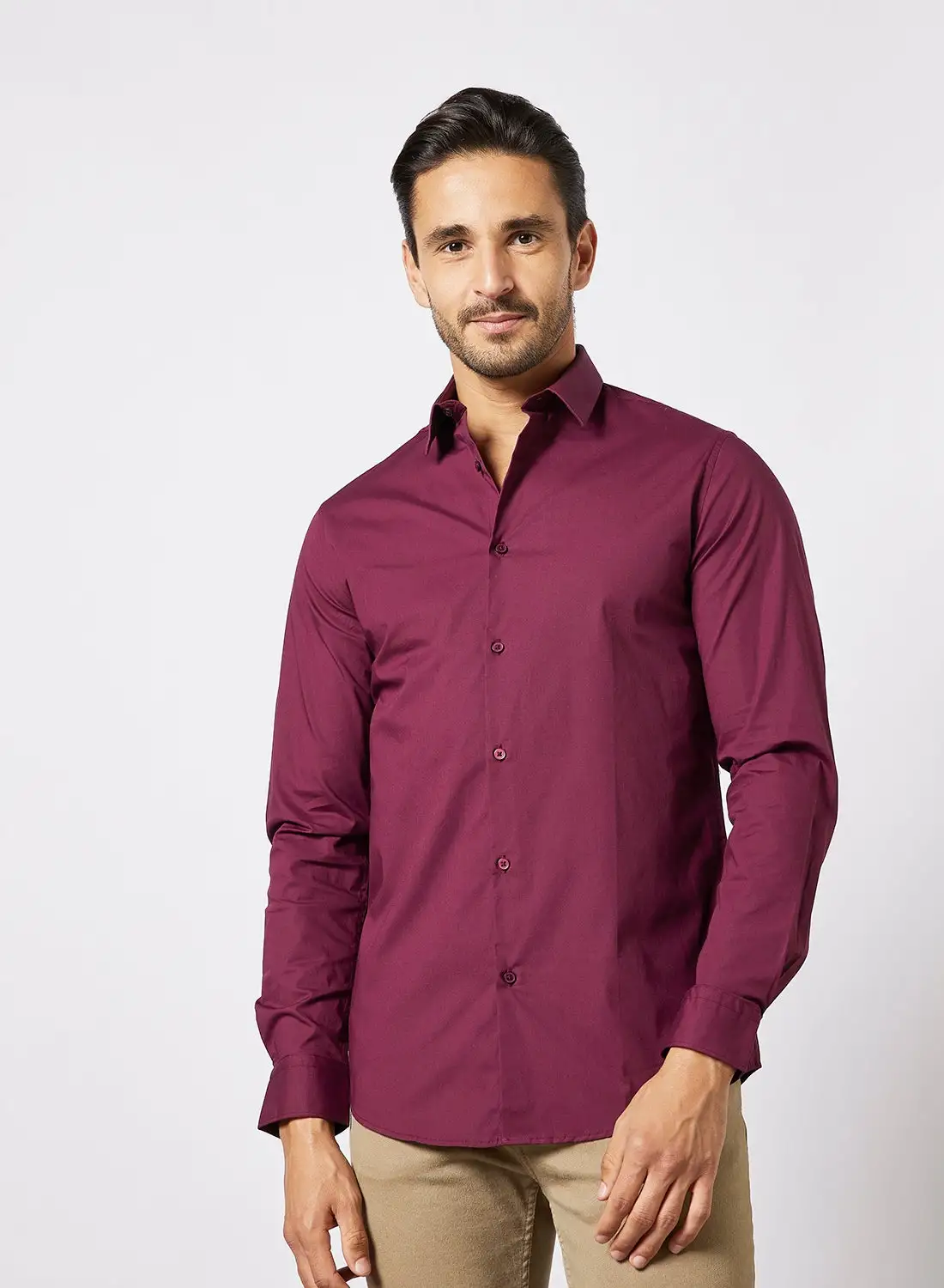 R&B Slim Fit Plain Formal Shirt Burgundy