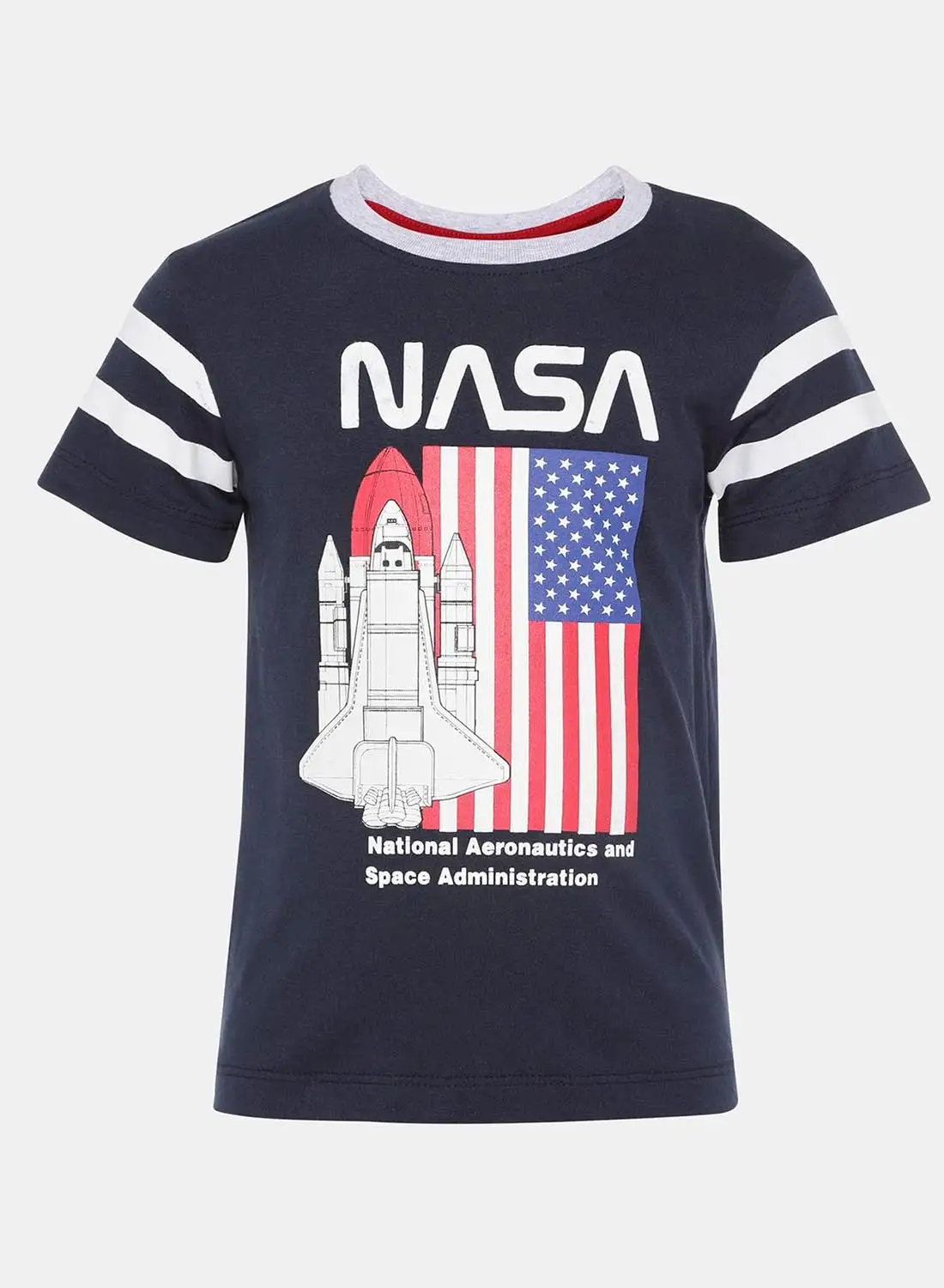 طقم تي شيرت بأكمام قصيرة مطبوع من R & B NASA مع شورت أزرق داكن