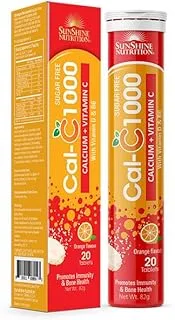 Sunshine Nutrition Cal-C 1000 With Calcium, Vitamin C, Vitamin D & B6 | To Boost Immunity & Bone Health | Helps During Infection | Sugar free | Orange Flavor | 20 Tablets