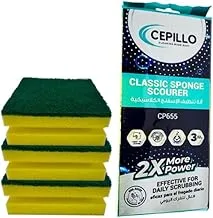 CEPILLO 3Pcs Classic Sponge Scourer/Dish | Dishwashing Sponge | Scrub | Kitchen Cleaning Sponge for Cups, Plates, Cutlery & More -Yellow/Green 10x7x4.5cm