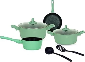 BRITISH CHEF 8 Piece Granite Coated Cookware Set, 28CM Forged Casserole + Lid, 24CM Forged Casserole + Lid, 16CM Forged Saucepan, 28CM Forged Frypan, Nylon Turner, Nylon Ladle - BC128