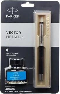 Parker Vector Mettalix Silver Trim Fountain Pen With Free Quink Blue Ink Bottle (Ink - Black)