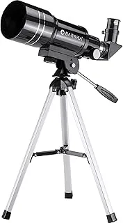 تلسكوب Barska Starwatcher 300x70mm 225 منكسر الطاقة مع حامل ثلاثي القوائم على الطاولة وعدسة بارلو 3X، أسود (AE12932)