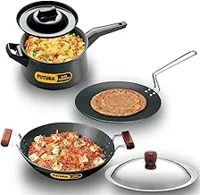 Hawkins Futura Hard Anodised Cookware Set No 3 (Tawa, Handi Saucepan, Deep-Fry Pan), Black