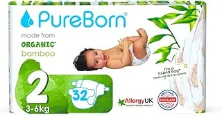 PureBorn عضوي / طبيعي بامبو للأطفال مقاس 2 حفاضات / حفاضات | عبوة واحدة | من 3 إلى 6 كجم | 32 قطعة | مطبوعات متنوعة | فائقة النعومة | أقصى حماية من التسرب | أساسيات حديثي الولادة | صديق للبيئة