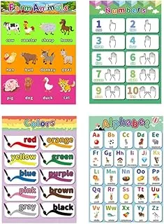 bpa Preschool Posters For Children, Abc Posters for Kids,Toddler, Nursery, Kindergarten, Early Learning, Classroom Wall Chart Pack - Fun Early Learning for Alphabet Letters, Numbers,Colors,4pcs