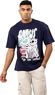 Ravin Mens Trendy Navy Blue Slip On Printed Cotton Tee Modern