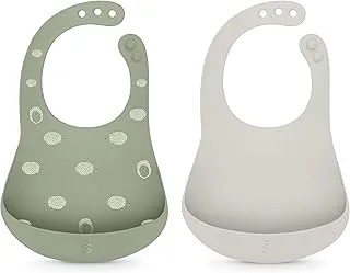 Suavinex, Waterproof and Flexible Silicone Bib, Rollable, with Adjustable Neck and Pocket for Crumbs, 4 Months. Green L3 (Pack 2)