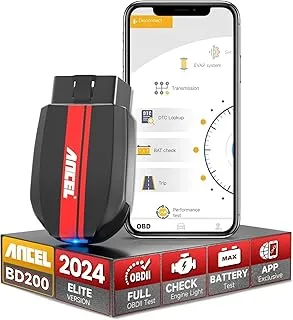 ANCEL BD200 Elite Bluetooth 5.0 obd2 الماسح الضوئي التطبيق الحصري مع اختبار البطارية، اختبار الأداء، تحليل الرحلة أداة المسح التشخيصي للسيارة obdii محول فحص قارئ رمز المحرك لأجهزة iPhone وiPad وAndroid