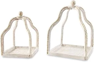 Mud Pie Wood Beaded Lantern Set, Distressed White WASH