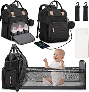 3 in 1 Diaper Bag Backpack with Changing Station Portable Baby Bag Foldable Baby Bed Back Pack Travel Waterproof Large Travel Bag with USB, Stroller Straps, Insulated Pockets