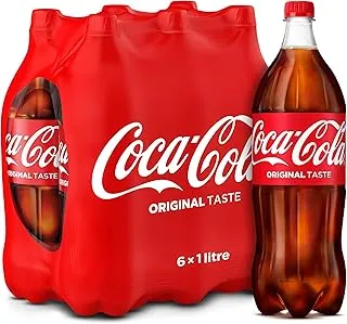 Coca Cola Regular Carbonated Soft Drink, Plastic Bottles, 6 x 1 Ltr