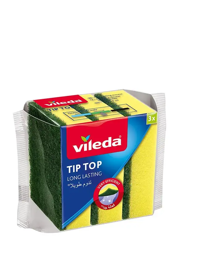 Vileda 3 pieces promotional medium foam dish washing sponge, long lasting and durable for delicate surfaces Yellow/Green