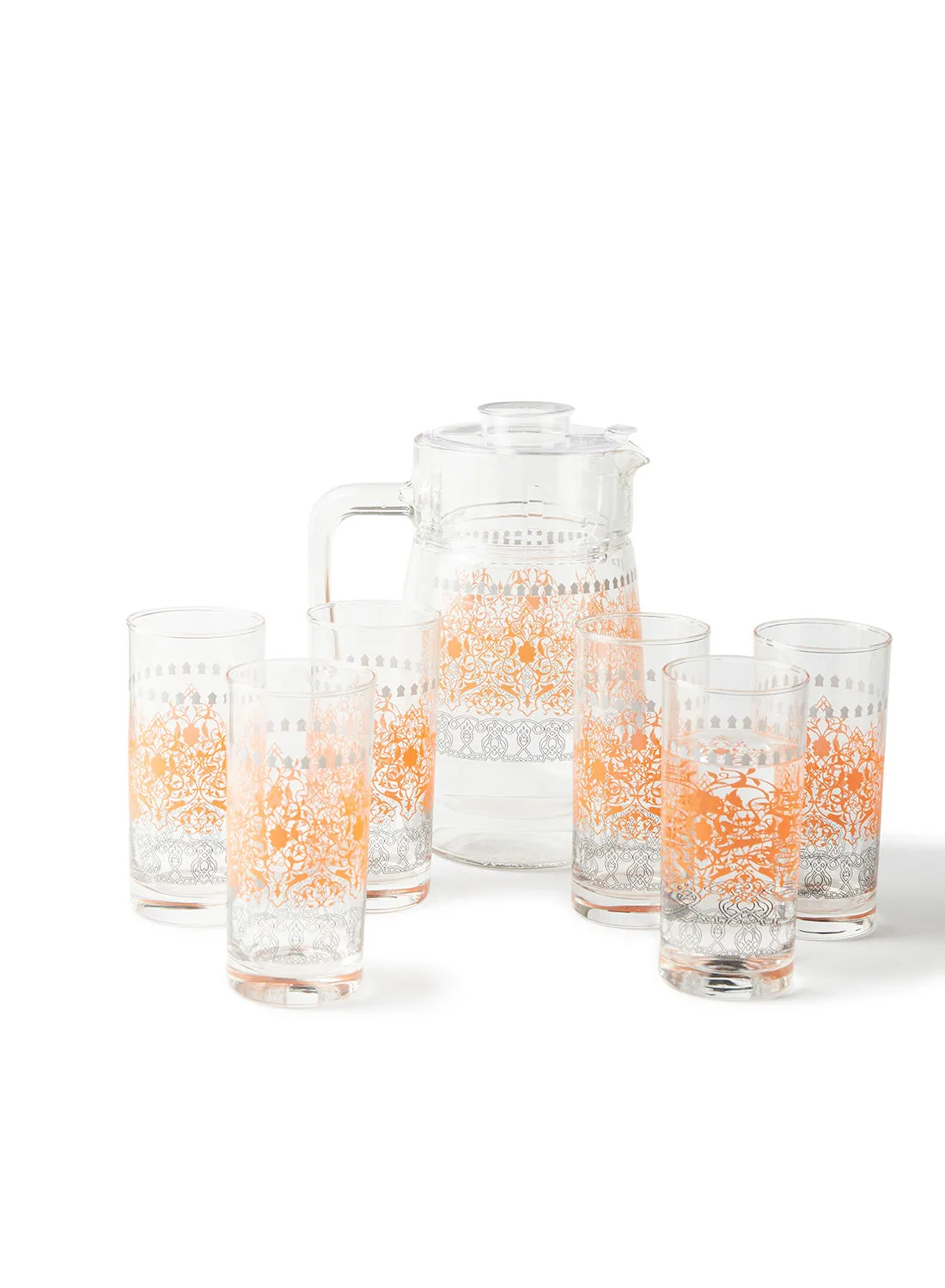 noon east 7 Piece Glass Drink Set Beverage Glasses For Juices - By Noon East - Jug 1.6 L, Tumblers 27 Cl - Serves 6 - Aura
