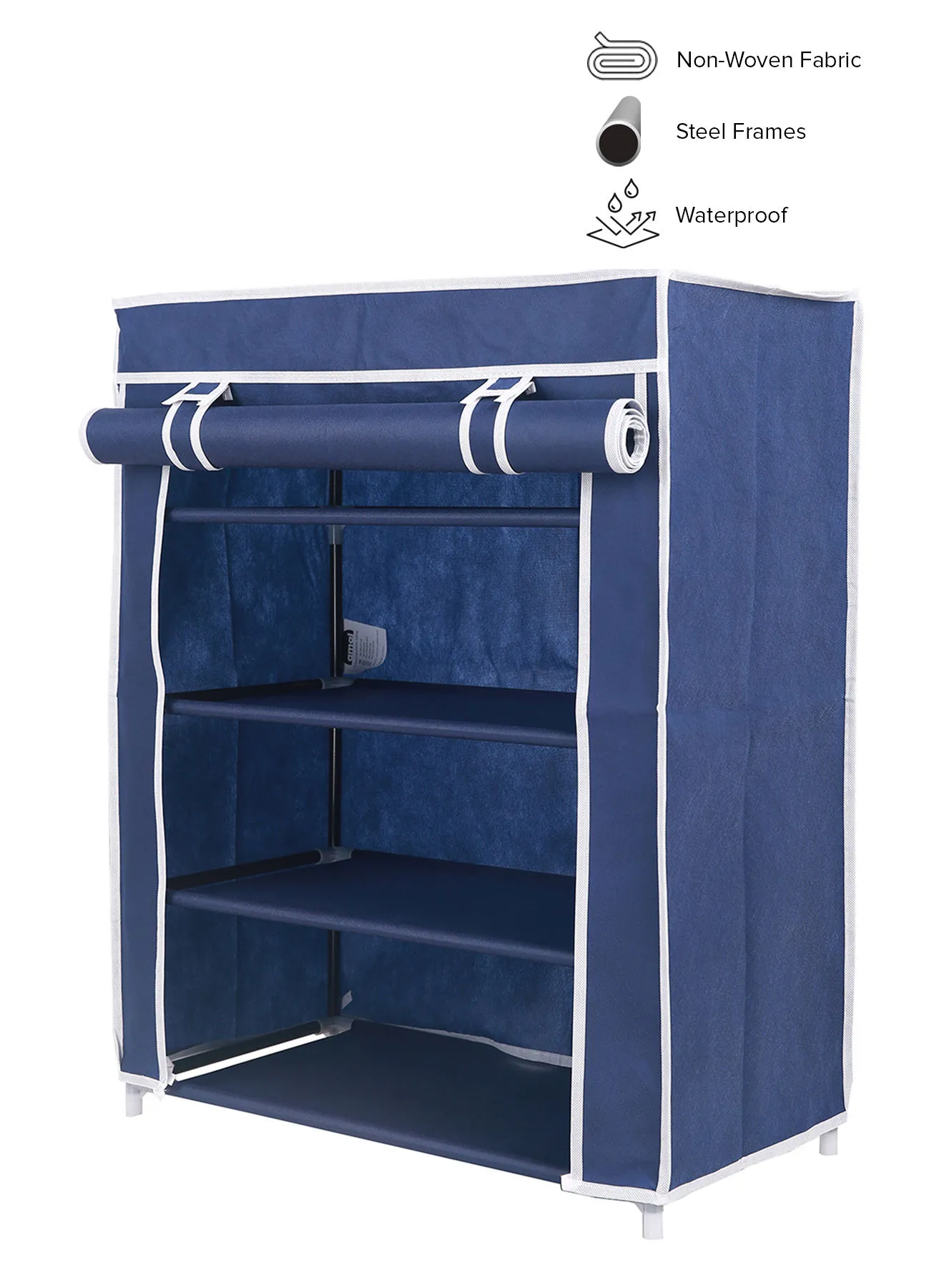 Amal Freestanding Multipurpose Fabric Wardrobe Organiser With 4-Tier Storage Rack Navy Blue/White Stripe 74 x 58 x 30cm