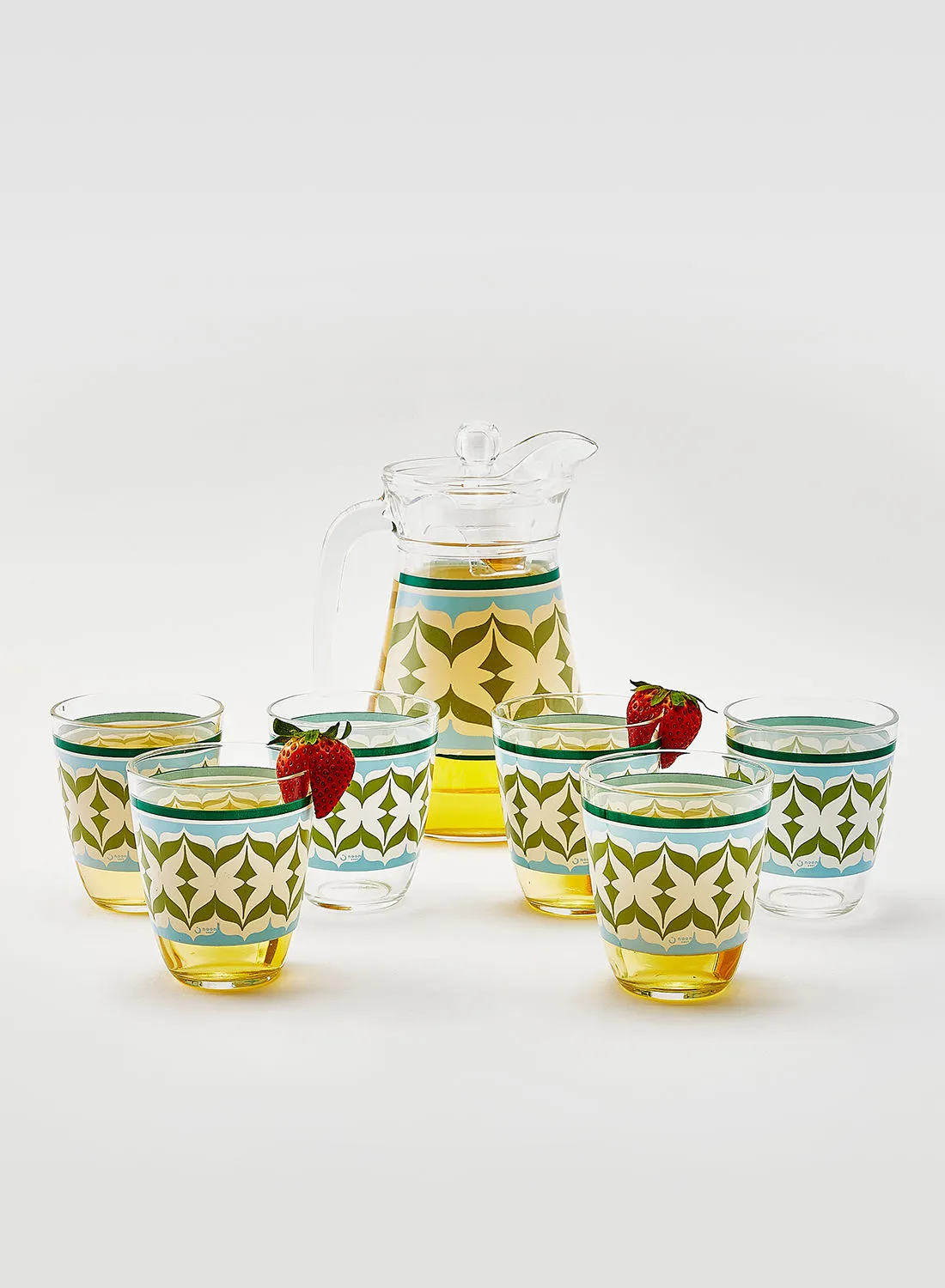 noon east 7 Piece Glass Drink Set Beverage Glasses For Juices - By Noon East - Jug 1.3 L, Tumblers 31 Cl - Serves 6 - Xenia