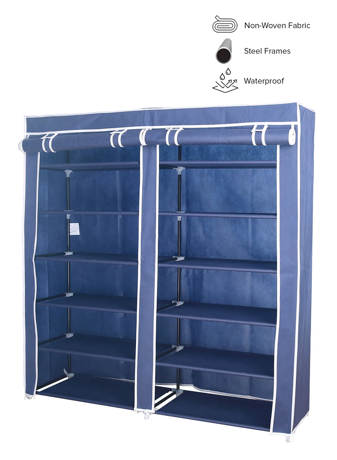 Amal Freestanding Multipurpose Fabric Wardrobe Organiser With 12-Tier Storage Rack Navy Blue/White Stripe 120 x 118 x 30cm