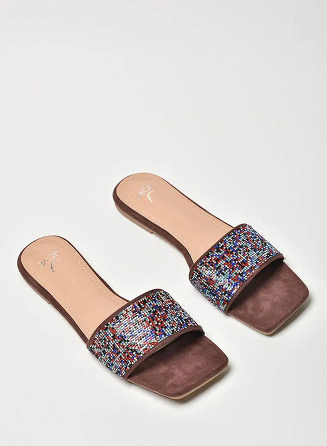 Jove Stone Embellished Broad Strap Flat Sandals Multicolour