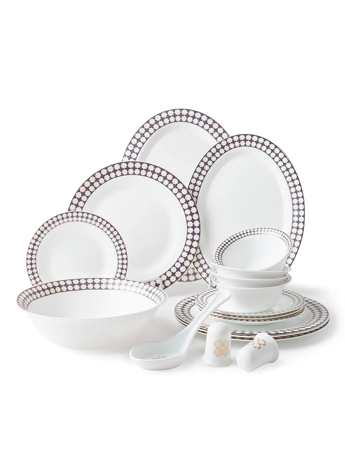 noon east 18 Piece Opalware Dinner Set - Light Weight Dishes, Plates - Dinner Plate, Side Plate, Bowl, Serving Dish And Bowl - Serves 4 - Festive Design Lattice Gold