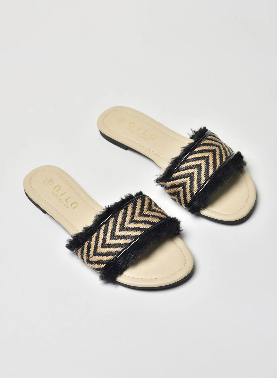 Aila Striped Pattern Strap Flat Sandals Beige/Black