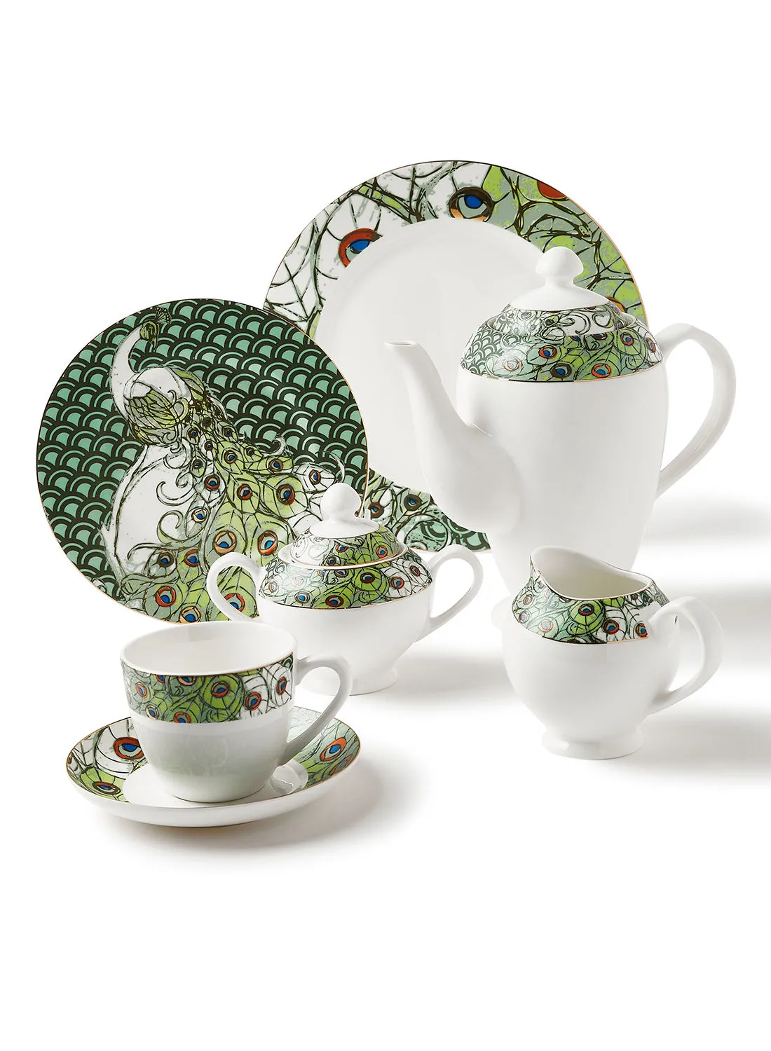 noon east 50 Piece Ceramic Dinner Set Premium Quality - Dishes, Plates - Dinner Plate, Side Plate, Bowl, Cups, Serving Dish And Bowl - Serves 8 - Festive Design Peacock