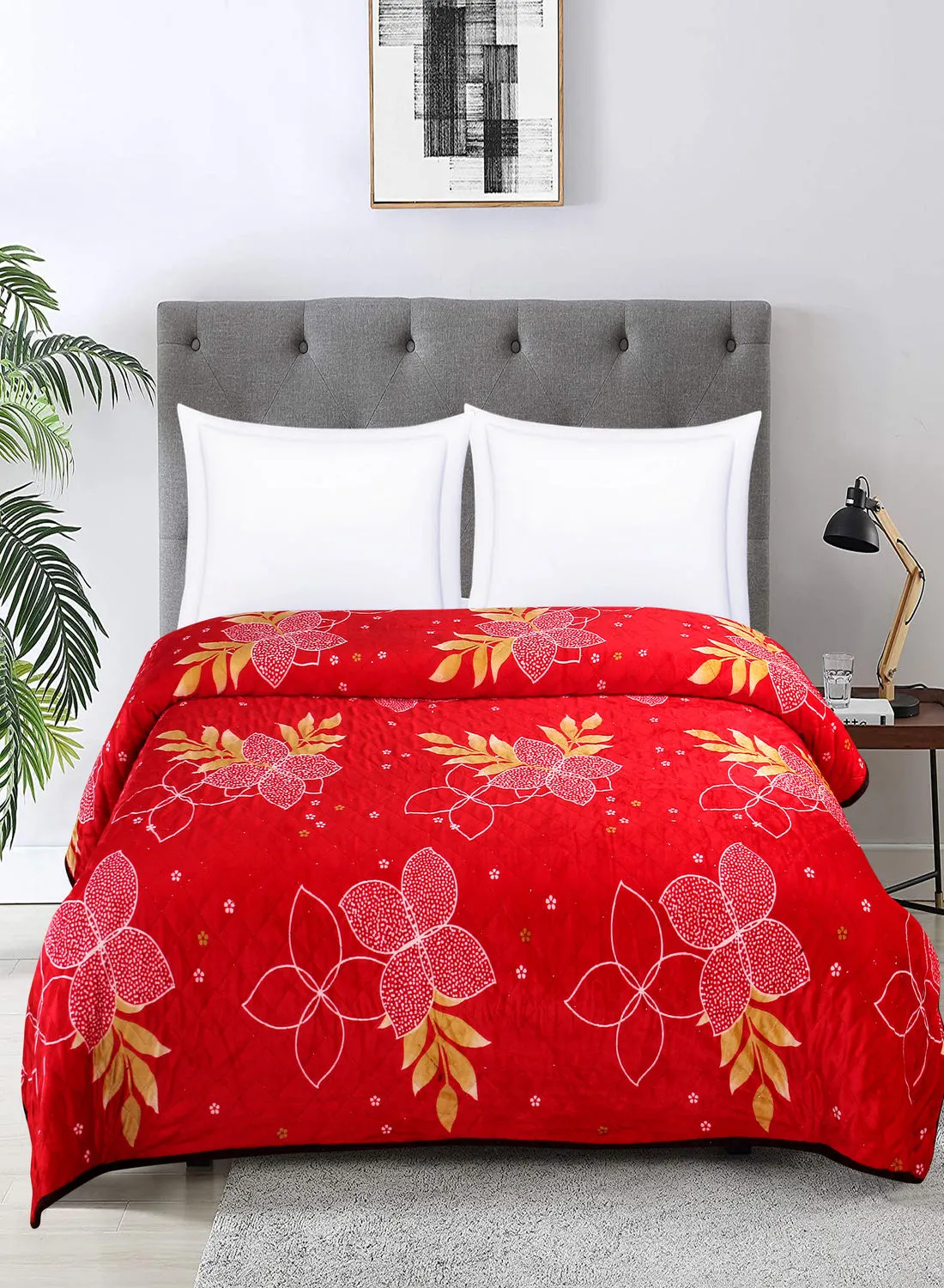 Hometown Leaves Pinsonic Double Layer Geometric Printed Blanket 100 GSM King Polyester Red Single