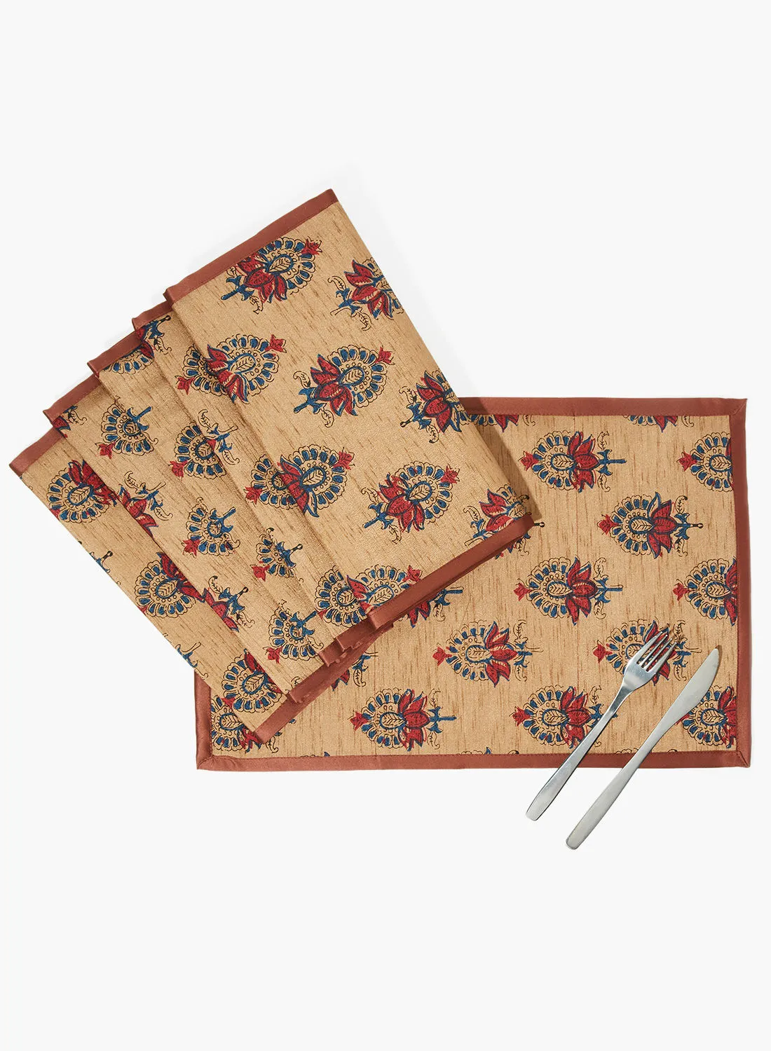 Amal 6 Piece Placemat Set For Dining Table - Washable Dish Pad - Table Mat - Table Linen - Beige/Brown/Red