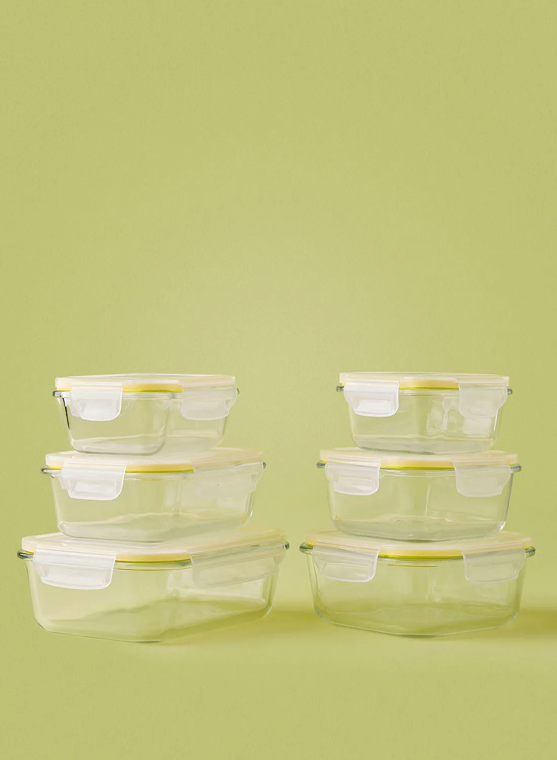 noon east 6 Piece Borosilicate Glass Food Container Set - Airtight Lids - Lunch Box - Rectangle + Square - Food Storage Box - Storage Boxes - Kitchen Cabinet Organizers - Glass Food Container - Yellow