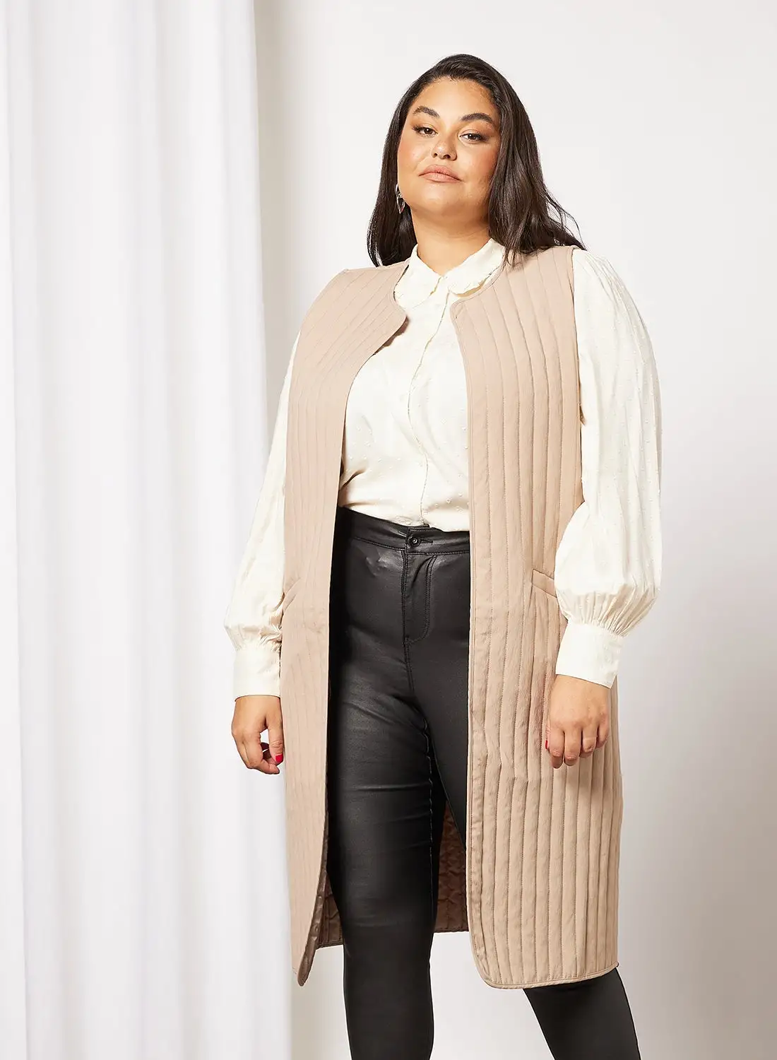 Vero Moda Curve Plus Size Longline Vest Beige 