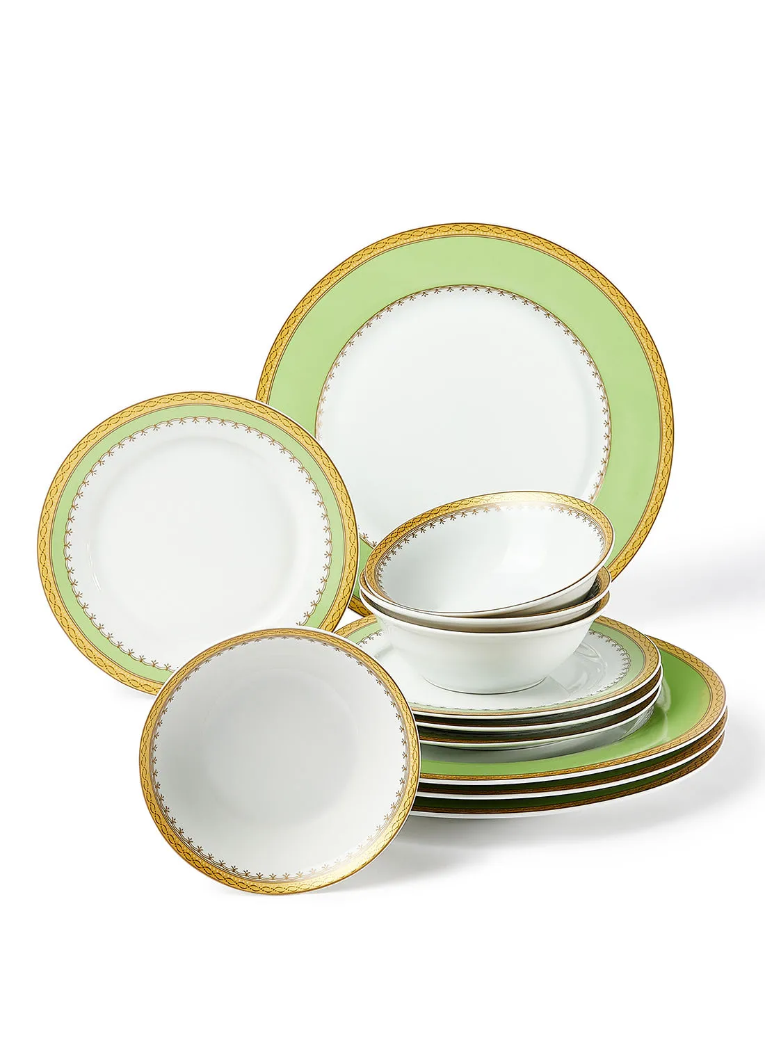 noon east 12 Piece Porcelain Dinner Set - Dishes, Plates - Dinner Plate, Side Plate, Soup Plate - Serves 4 - Printed Design Greenscape