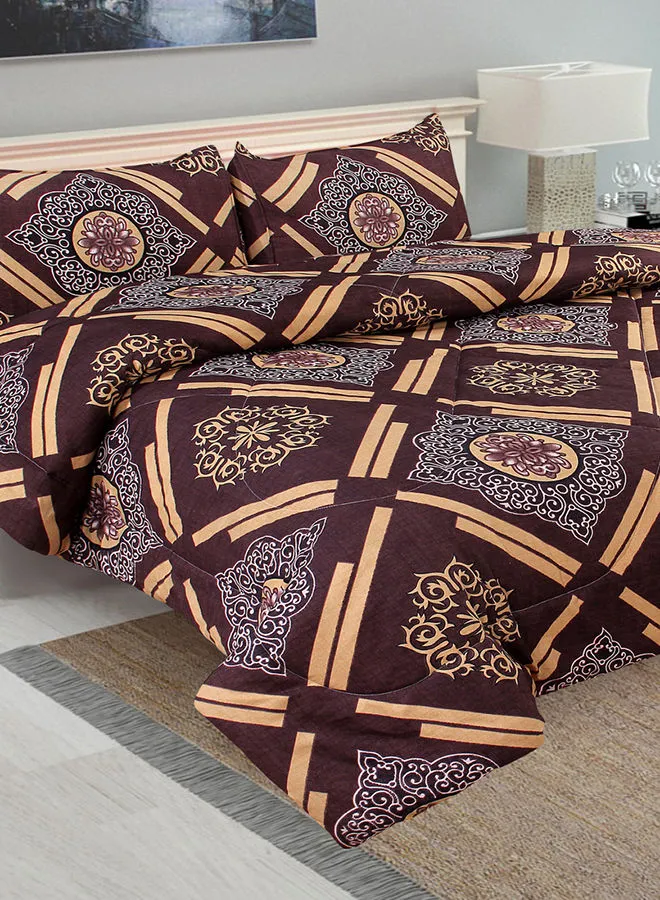 Hometown 3-Piece Dmask Comforter Set 220 GSM 160x210 : 2xPillow Cases 50x70cm Polyester Burnished Brown Twin