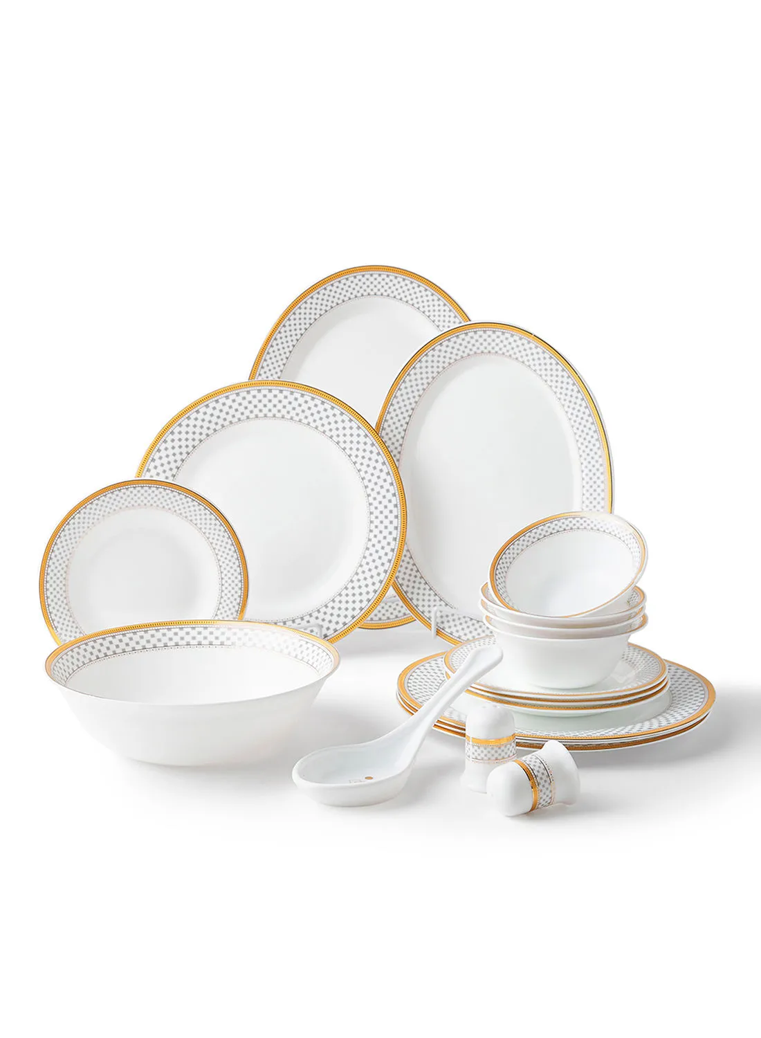 noon east 18 Piece Opalware Dinner Set - Light Weight Dishes, Plates - Dinner Plate, Side Plate, Bowl, Serving Dish And Bowl - Serves 4 - Festive Design Pixel Lace Gold