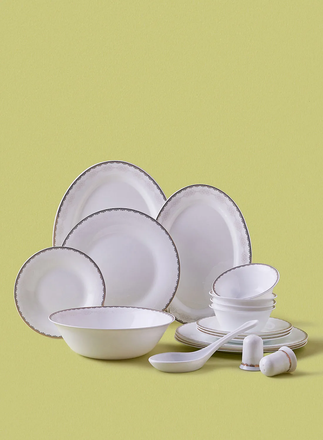 noon east 18 Piece Opalware Dinner Set - Light Weight Dishes, Plates - Dinner Plate, Side Plate, Bowl, Serving Dish And Bowl - Serves 4 - Festive Design Lace Gold
