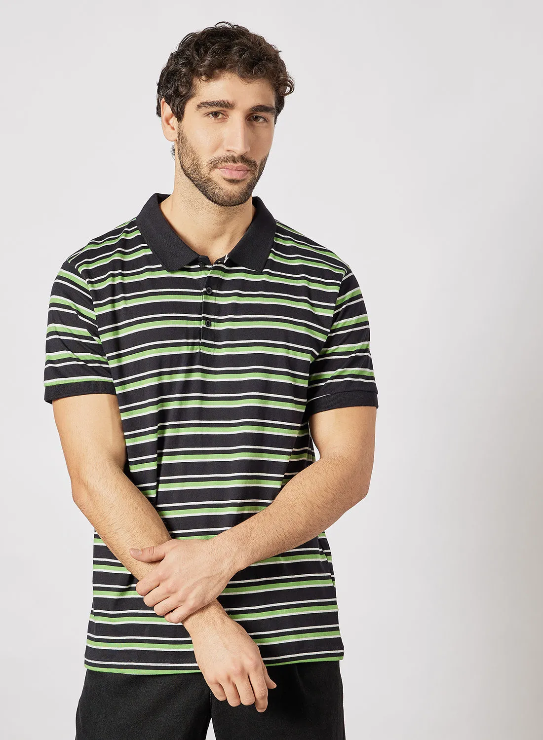 Noon East Men's Basic Casual Striped Polo T-shirt Black