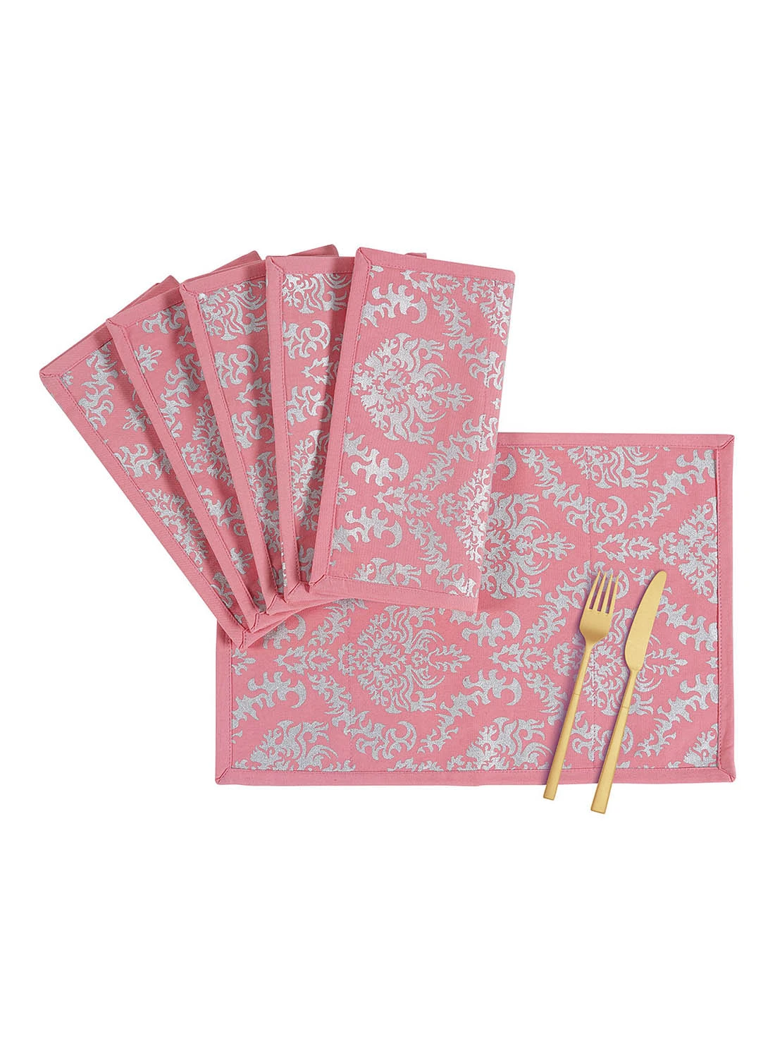 Amal 6 Piece Placemat Set For Dining Table - Washable Dish Pad - Table Mat - Table Linen - Silver/Pink