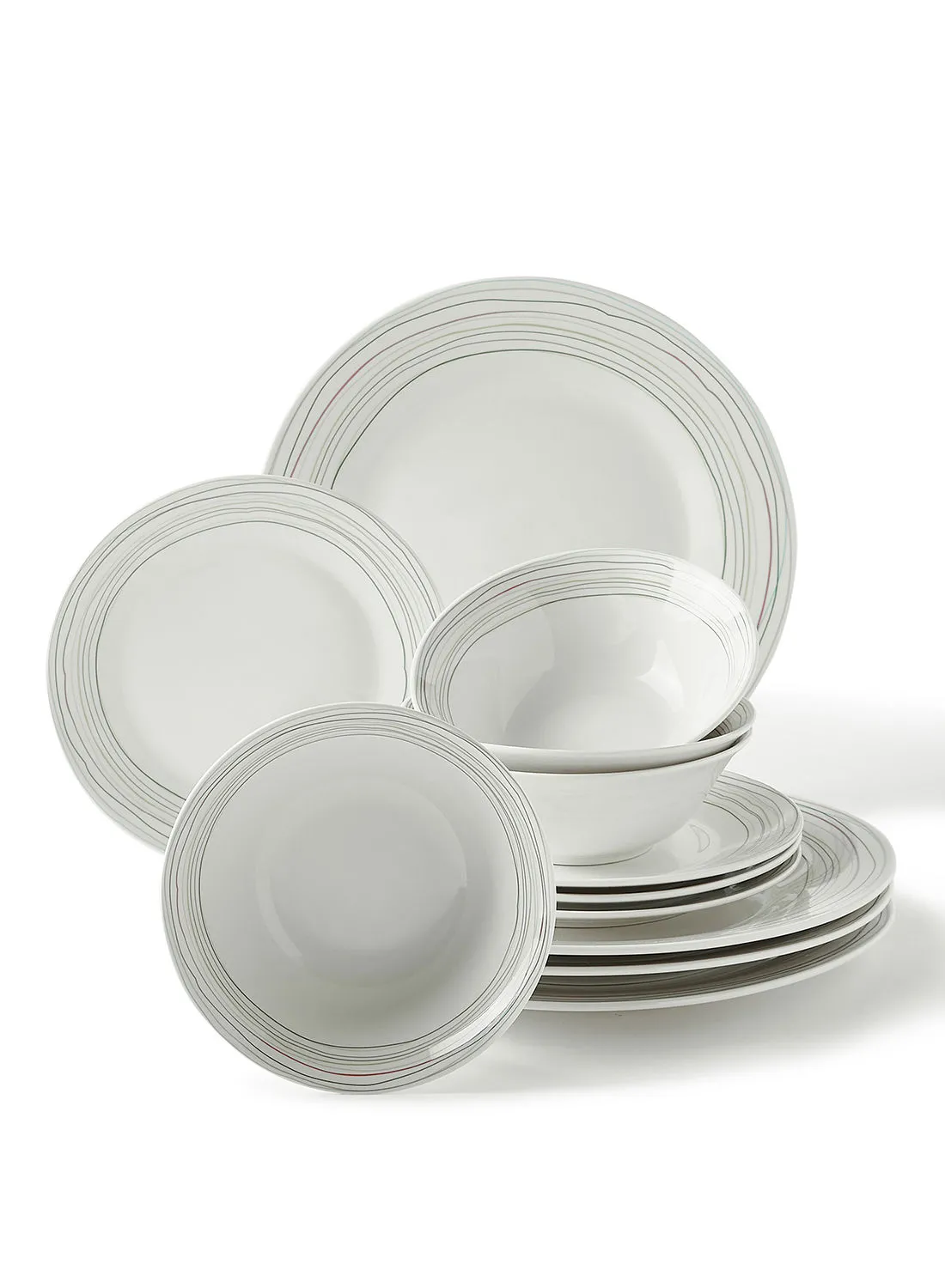 noon east 12 Piece Porcelain Dinner Set - Dishes, Plates - Dinner Plate, Side Plate, Bowl - Serves 4 - Printed Design Scribbles