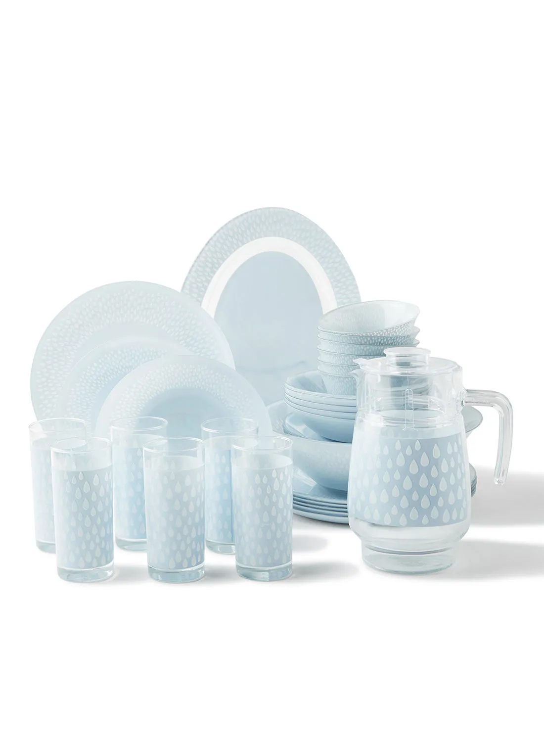 noon east 34 Piece Glass Dinner Set For Everyday Use - Light Weight Dishes, Plates - Dinner Plate, Side Plate, Bowl - Serves 6 - Printed Design Alice Blue