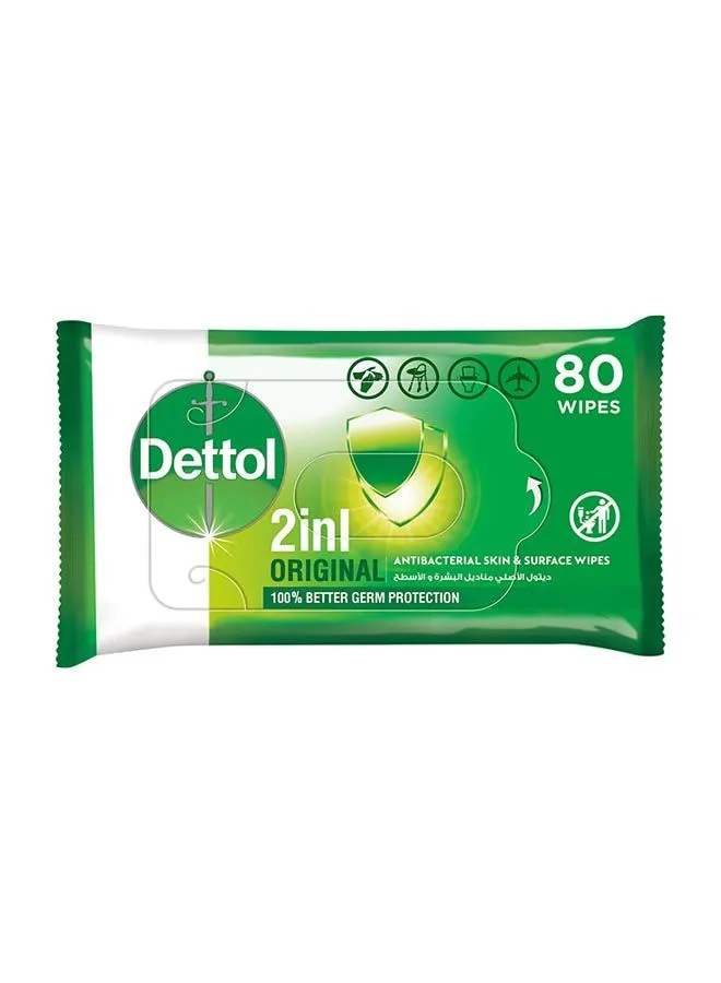 Dettol Original 2 In 1 Antibacterial Skin And Surface Wipes Pack of 80