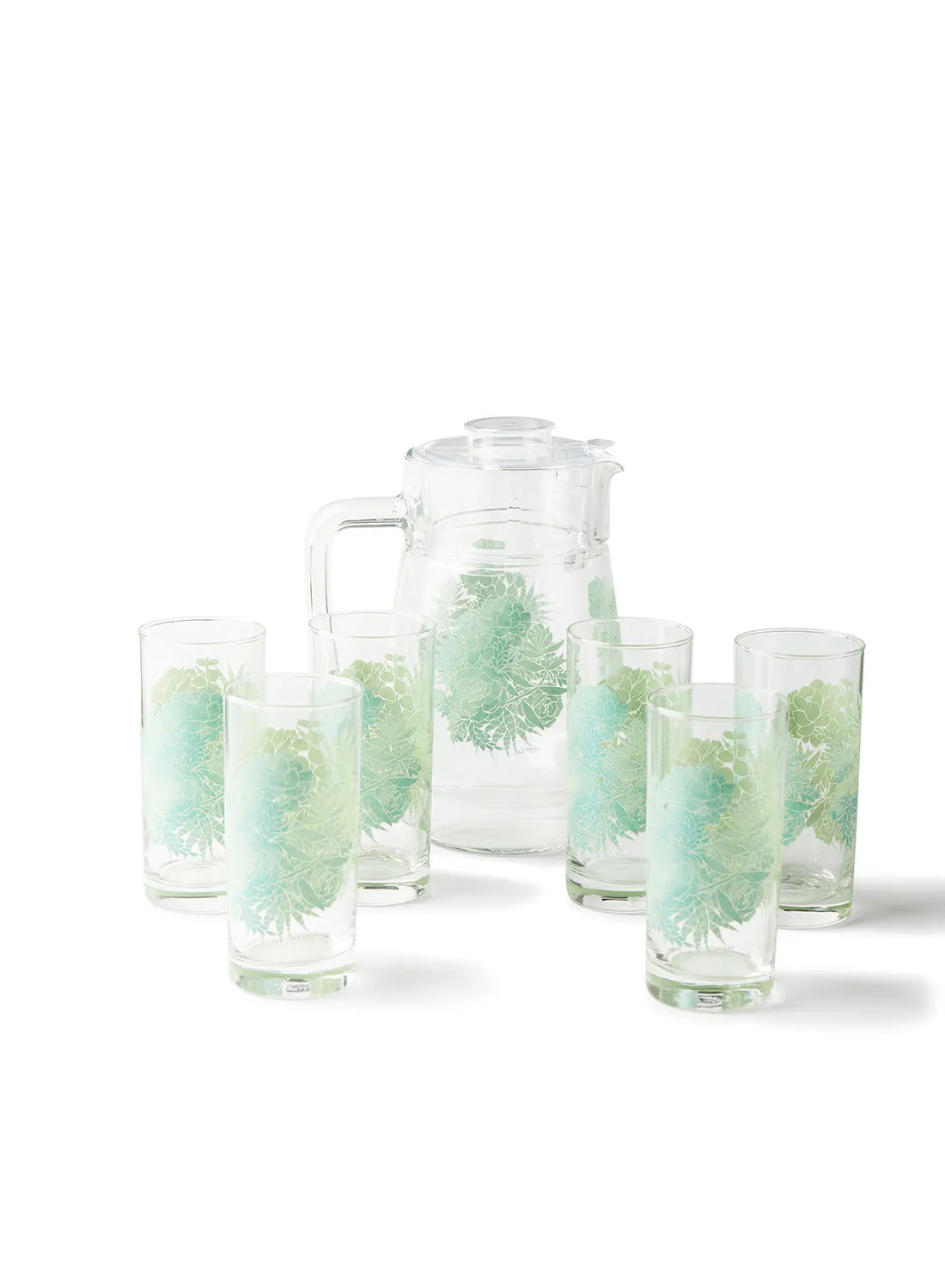 noon east 7 Piece Glass Drink Set Beverage Glasses For Juices - By Noon East - Jug 1.6 L, Tumblers 27 Cl - Serves 6 - Ambra