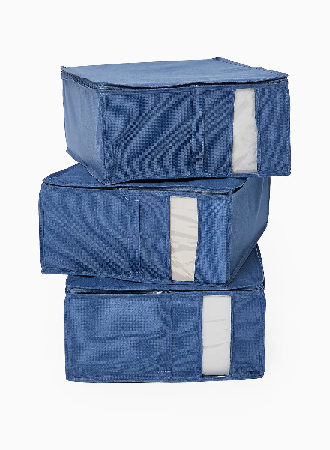 Amal Foldable Storage Organizer, Set Of 3 Foldable Large Zippered Storage Bag, Organizer Cubes With Clear Window & Handles Blue 50X18X38cm