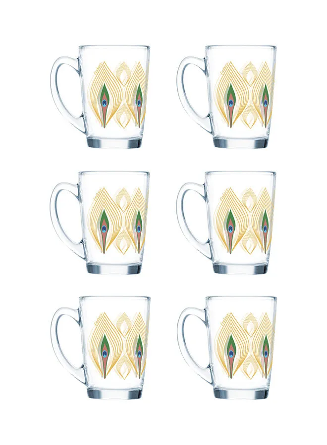 Endura 6 Piece Glass Mug Set - Made Of Tempered Glass - Coffee Mug Set For Cappuccino, Latte, Expresso, Tea - Heat Resistant Handles - Mug - A Cup Of Coffee - Coffee Mug - Each 90 ml - Peacock