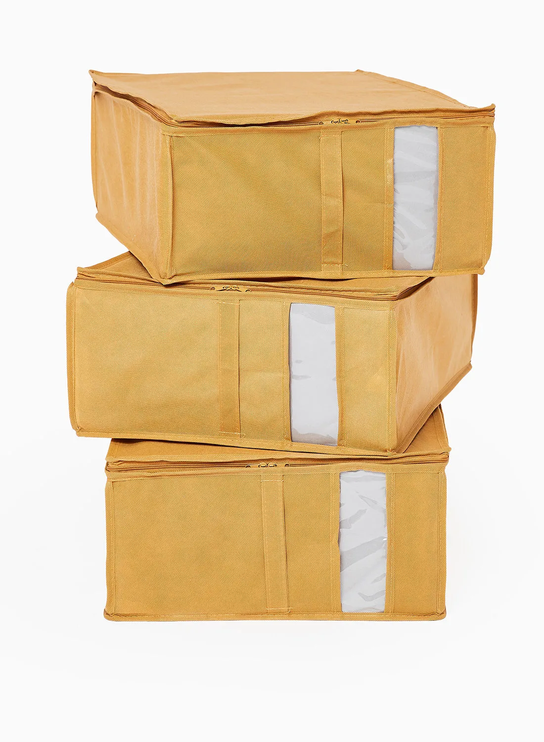 Amal Foldable Storage Organizer, Set Of 3 Foldable Large Zippered Storage Bag, Organizer Cubes With Clear Window & Handles Yellowish-Brown 50X18X38cm