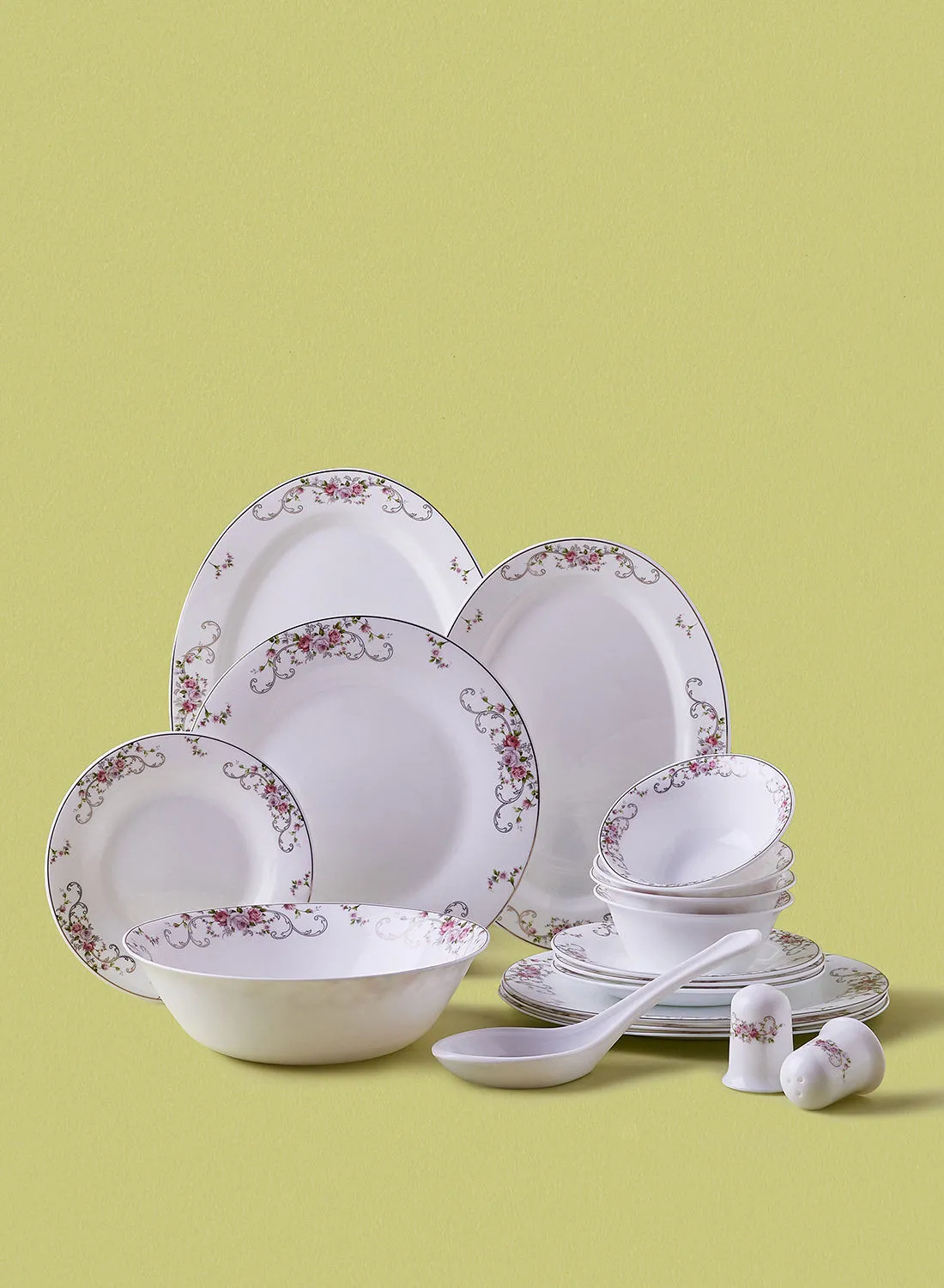 noon east 18 Piece Opalware Dinner Set - Light Weight Dishes, Plates - Dinner Plate, Side Plate, Bowl, Serving Dish And Bowl - Serves 4 - Festive Design Orchid Gold
