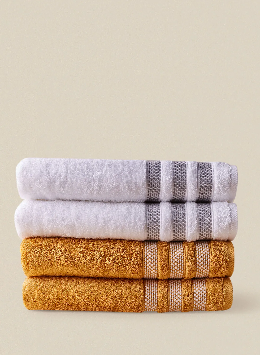 noon east 4 Piece Bathroom Towel Set - 500 GSM 100% Cotton Low Twist - 4 Bath Towel - Multicolor White/Gold Color - Highly Absorbent - Fast Dry