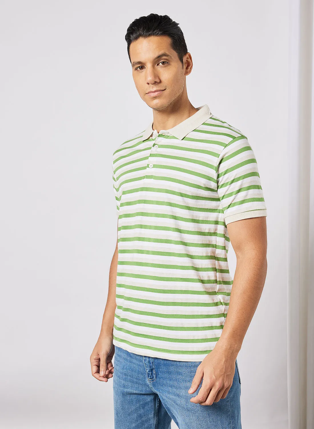 Noon East Men's Basic Casual Polo T-Shirt with Stripe Design in Regular Fit Half Sleeves White